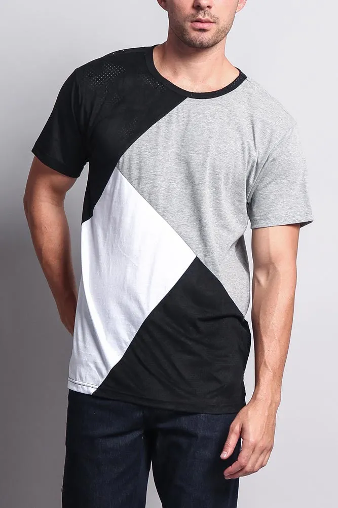 Diagonal Colorblock Poly Suede Mesh T-Shirt