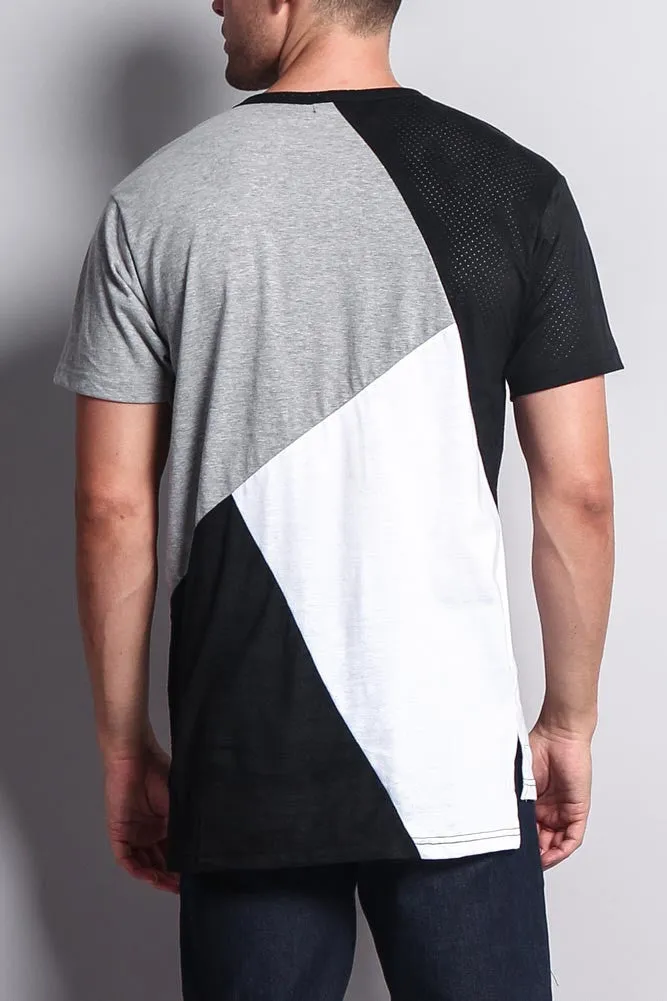 Diagonal Colorblock Poly Suede Mesh T-Shirt