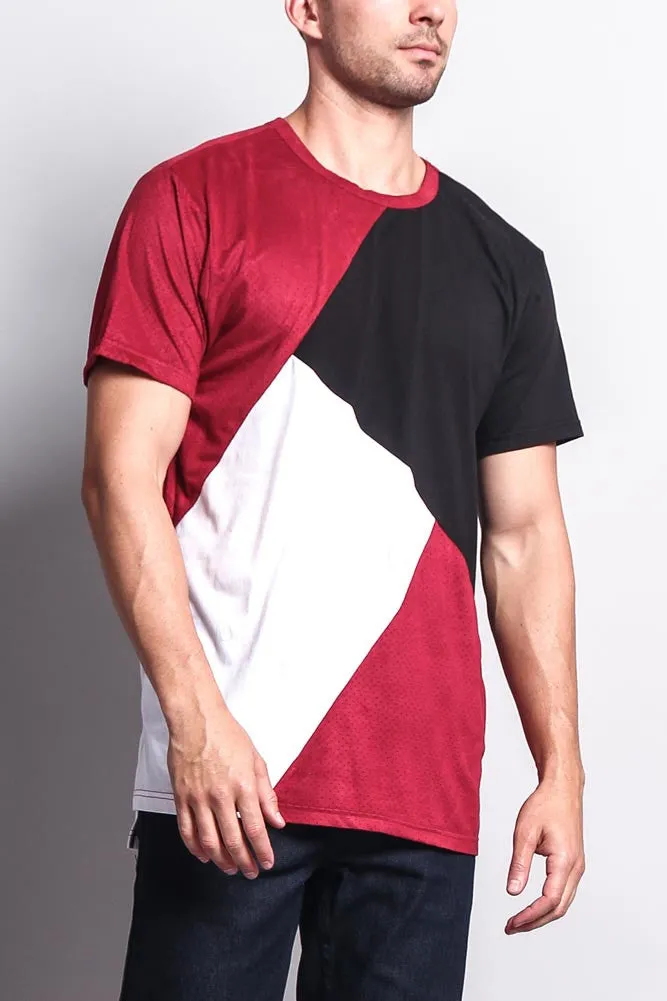 Diagonal Colorblock Poly Suede Mesh T-Shirt