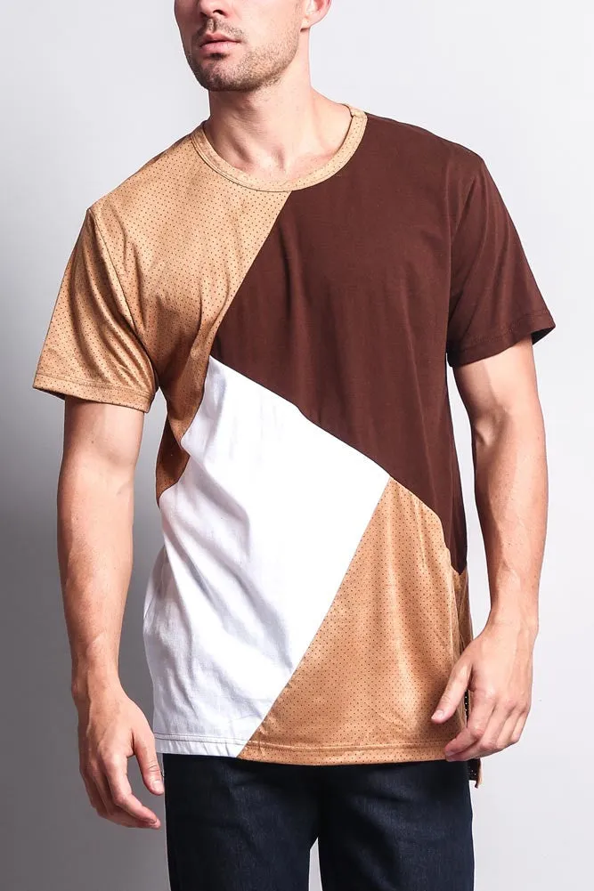 Diagonal Colorblock Poly Suede Mesh T-Shirt