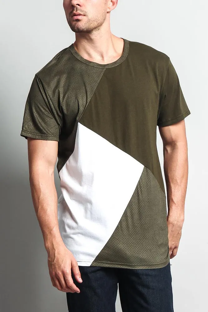 Diagonal Colorblock Poly Suede Mesh T-Shirt