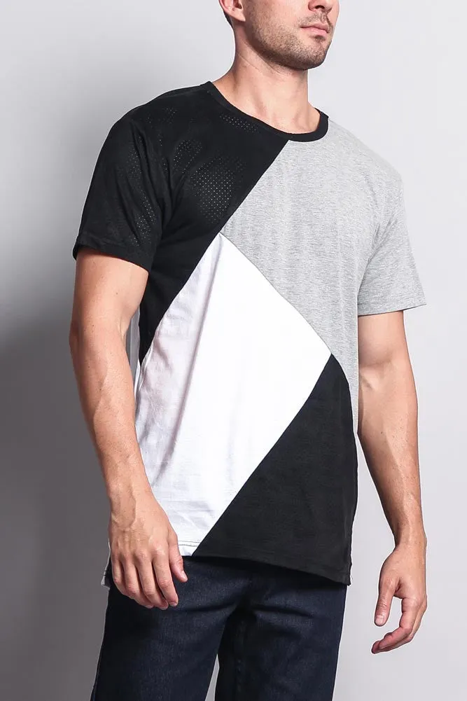 Diagonal Colorblock Poly Suede Mesh T-Shirt