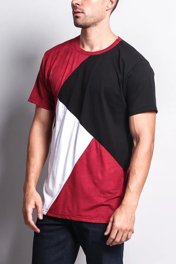 Diagonal Colorblock Poly Suede Mesh T-Shirt