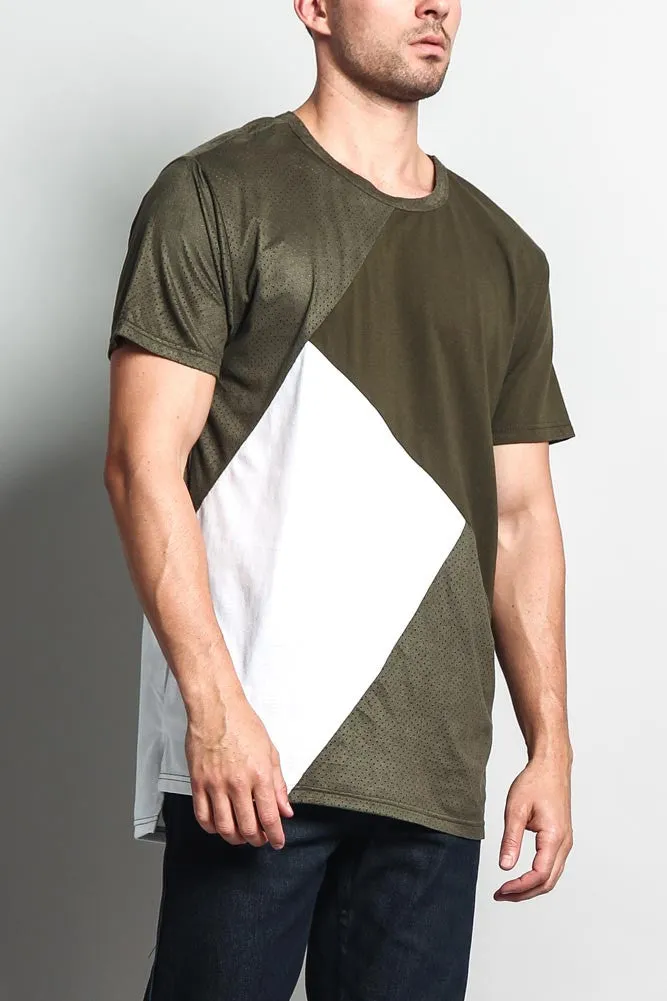 Diagonal Colorblock Poly Suede Mesh T-Shirt