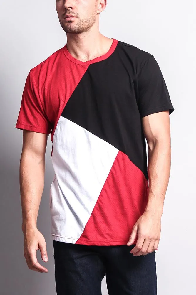 Diagonal Colorblock Poly Suede Mesh T-Shirt