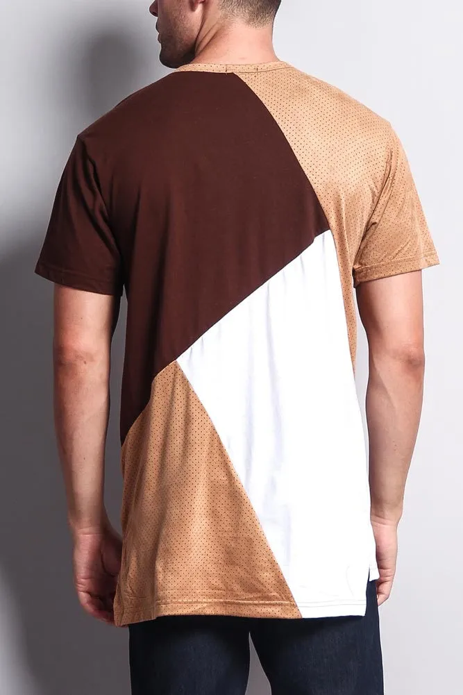 Diagonal Colorblock Poly Suede Mesh T-Shirt