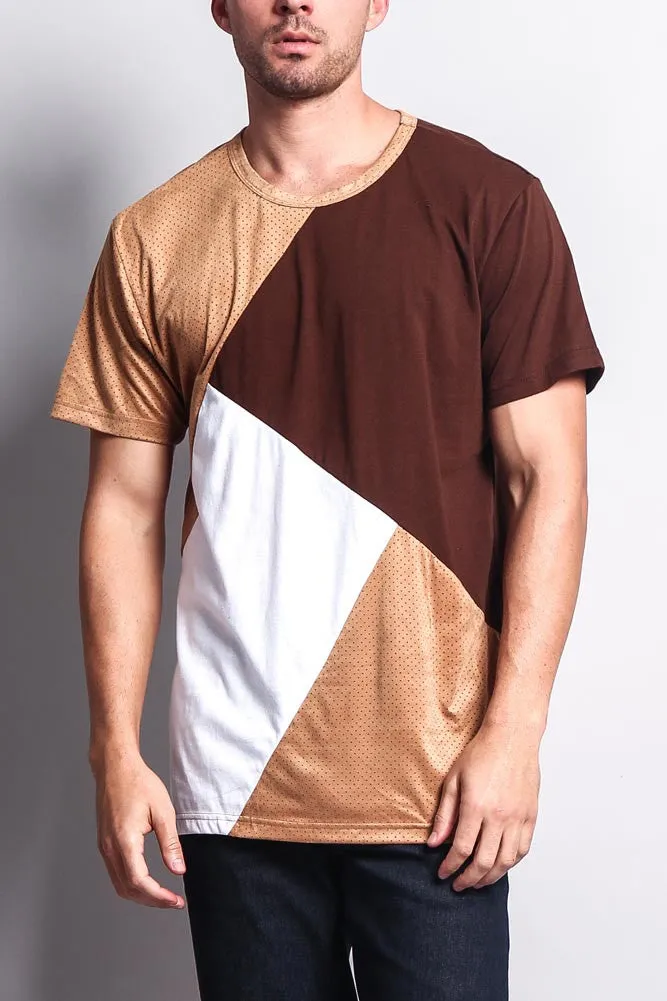 Diagonal Colorblock Poly Suede Mesh T-Shirt