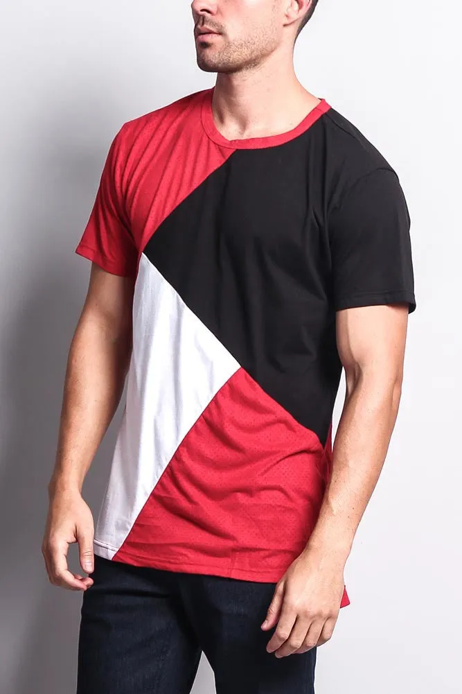 Diagonal Colorblock Poly Suede Mesh T-Shirt