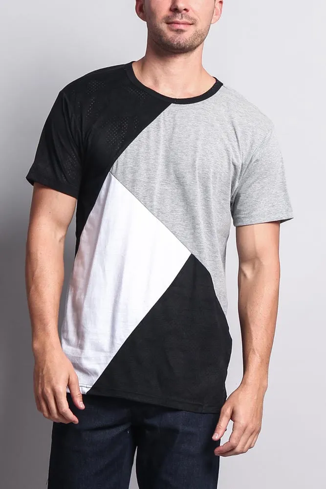 Diagonal Colorblock Poly Suede Mesh T-Shirt