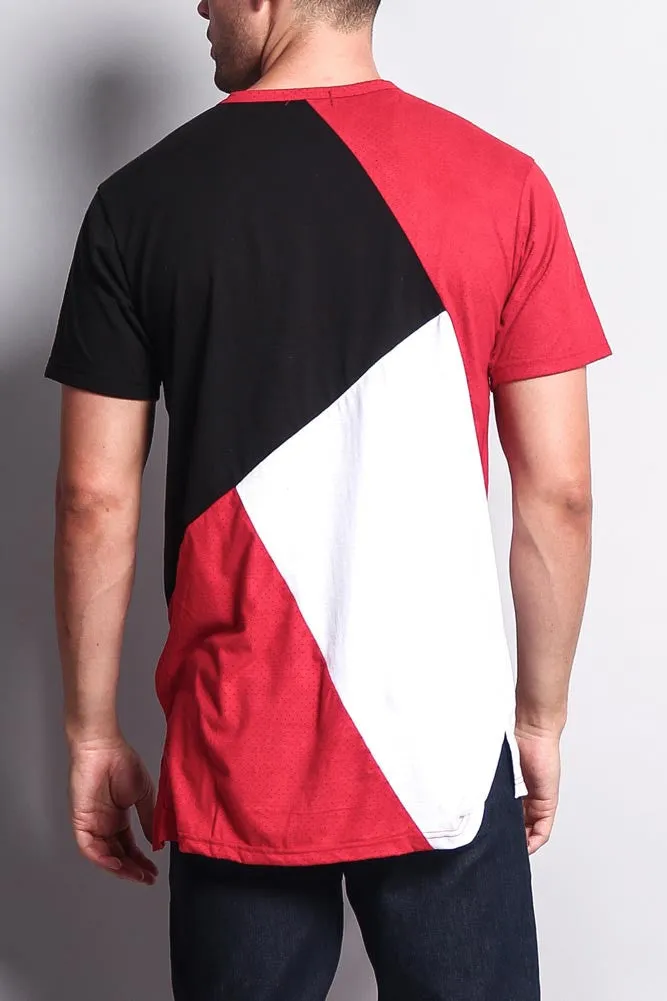 Diagonal Colorblock Poly Suede Mesh T-Shirt