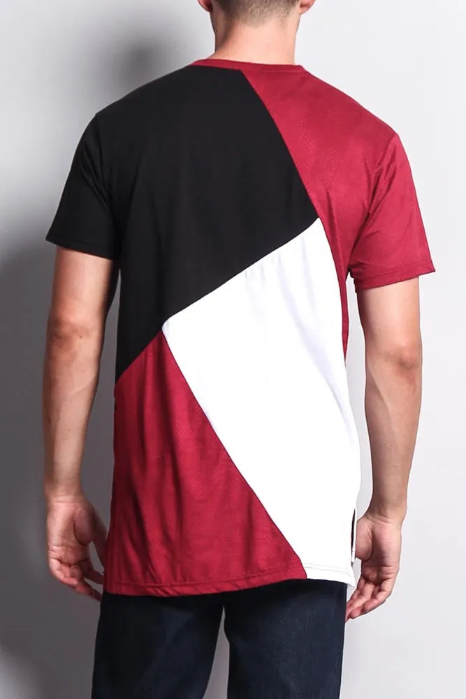 Diagonal Colorblock Poly Suede Mesh T-Shirt