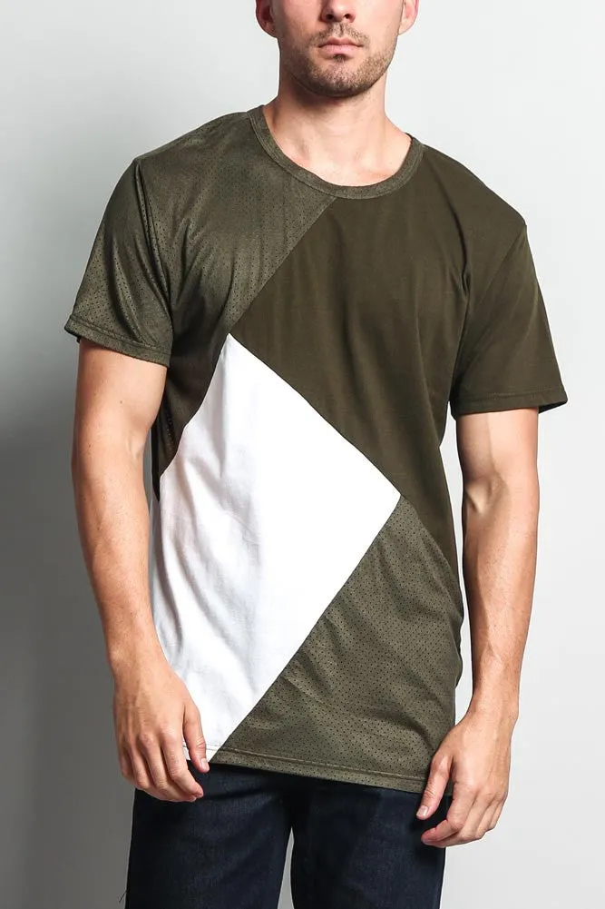 Diagonal Colorblock Poly Suede Mesh T-Shirt