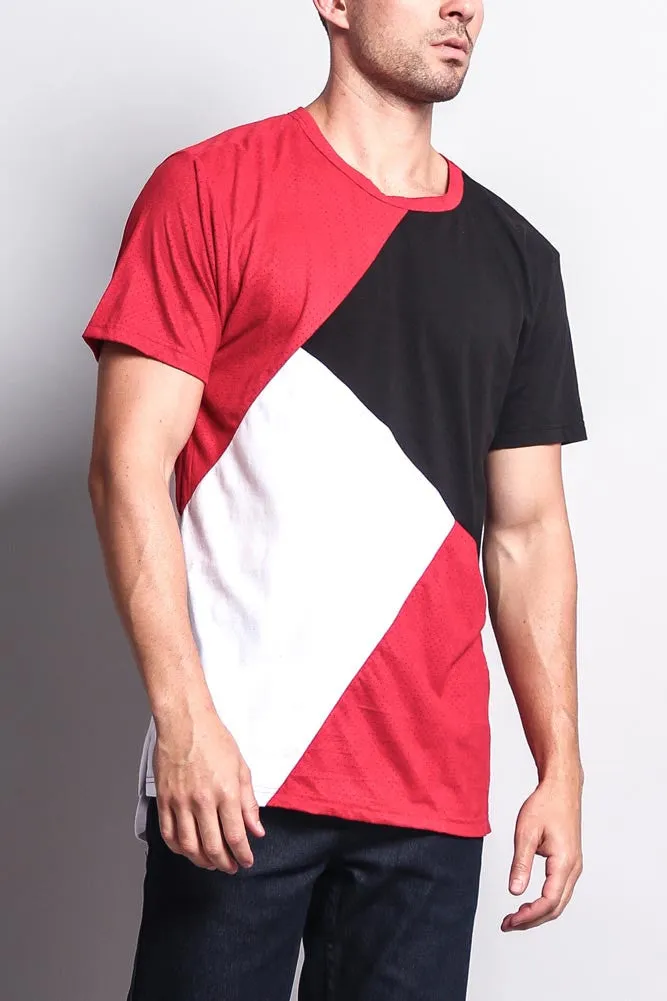 Diagonal Colorblock Poly Suede Mesh T-Shirt