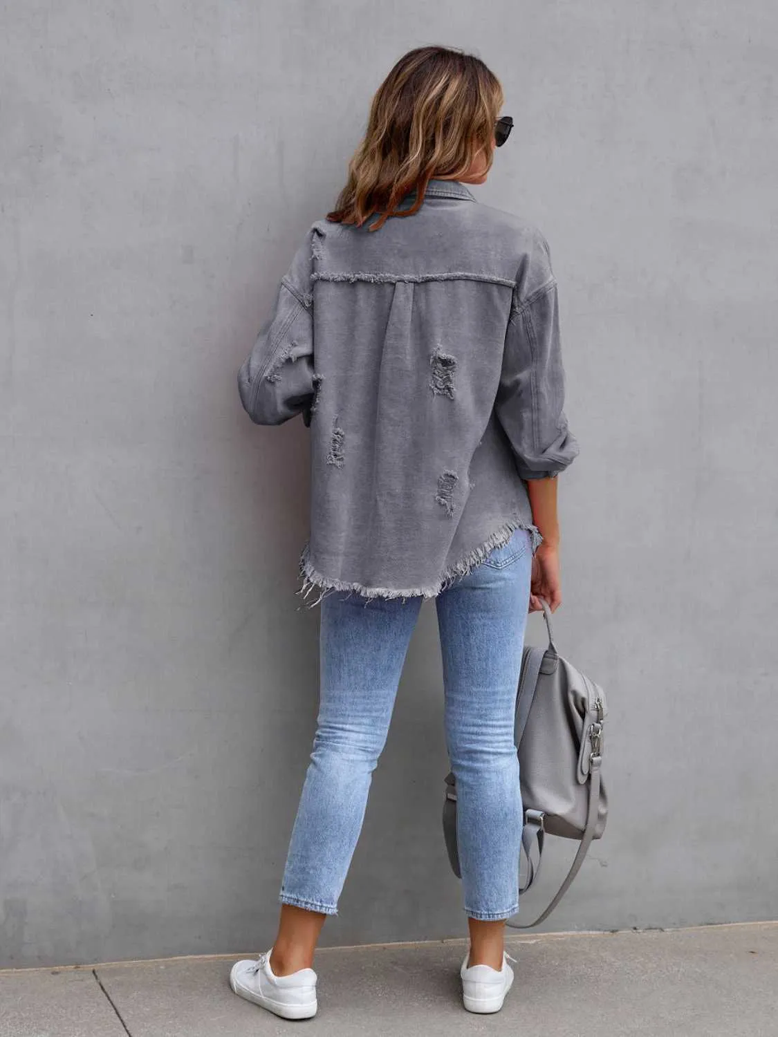 Distressed Drop Shoulder Cotton Denim Shacket - 8 colors