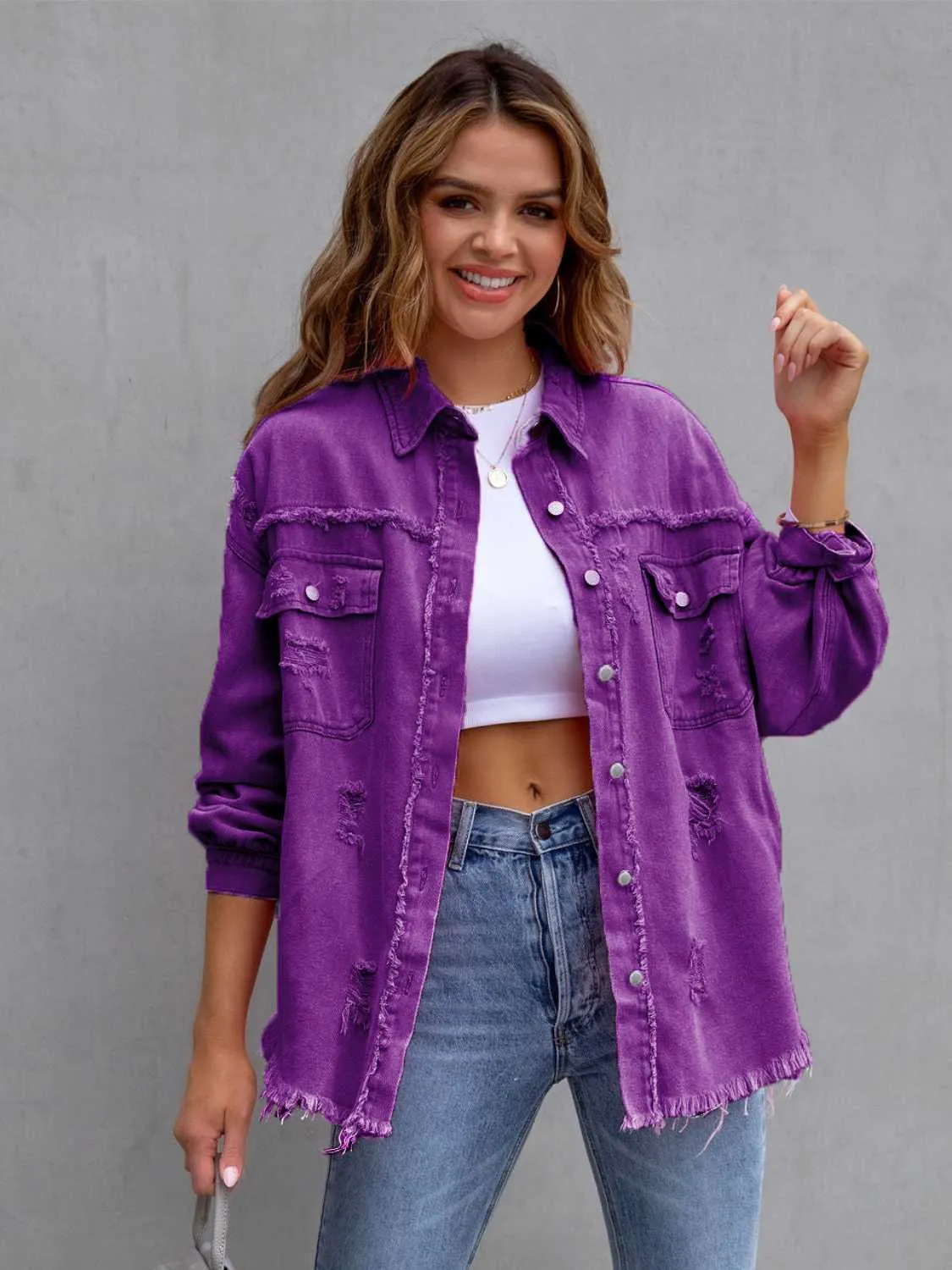 Distressed Drop Shoulder Cotton Denim Shacket - 8 colors