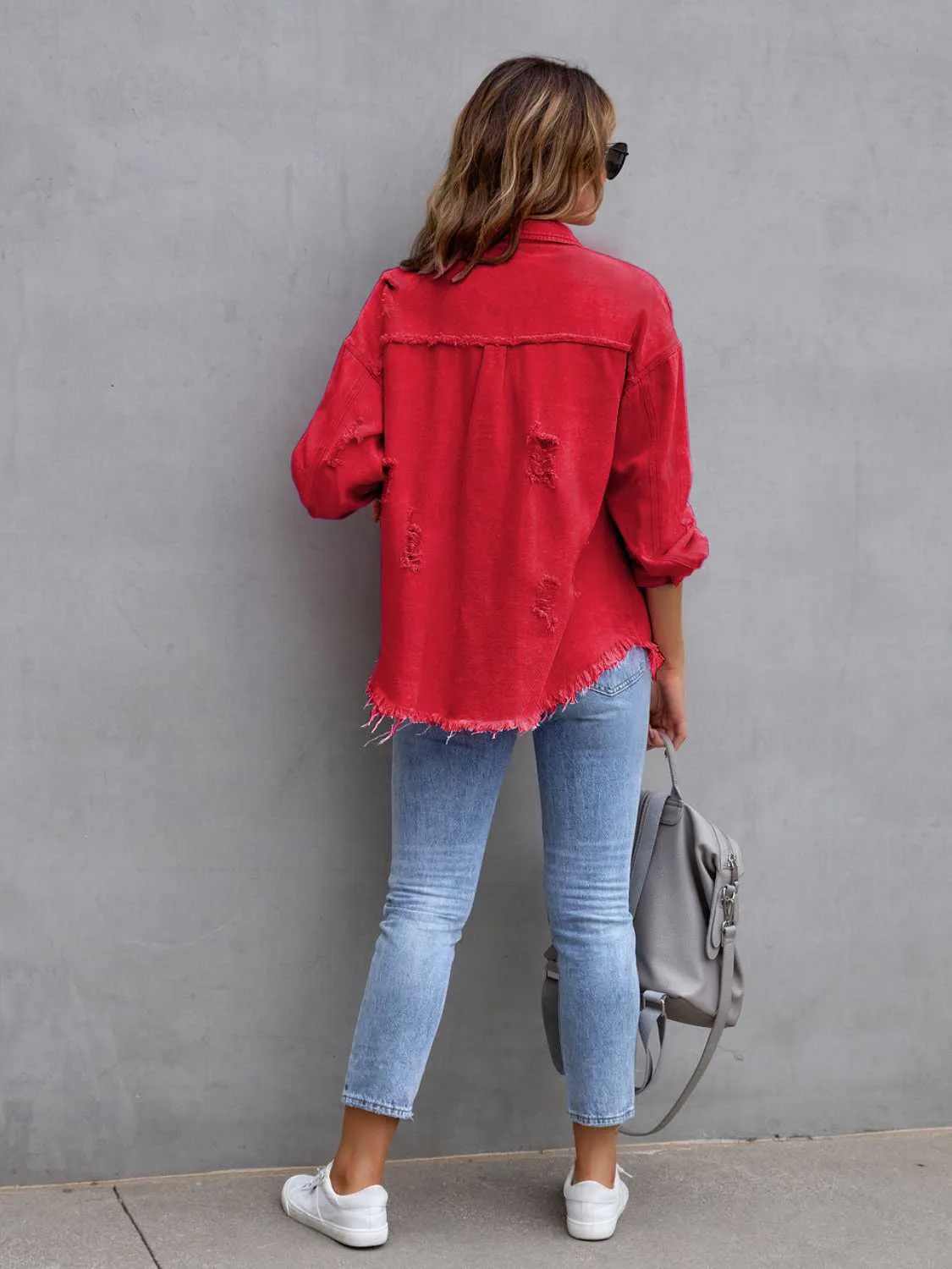 Distressed Drop Shoulder Cotton Denim Shacket - 8 colors