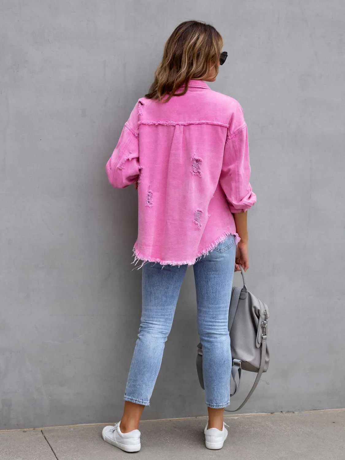 Distressed Drop Shoulder Cotton Denim Shacket - 8 colors