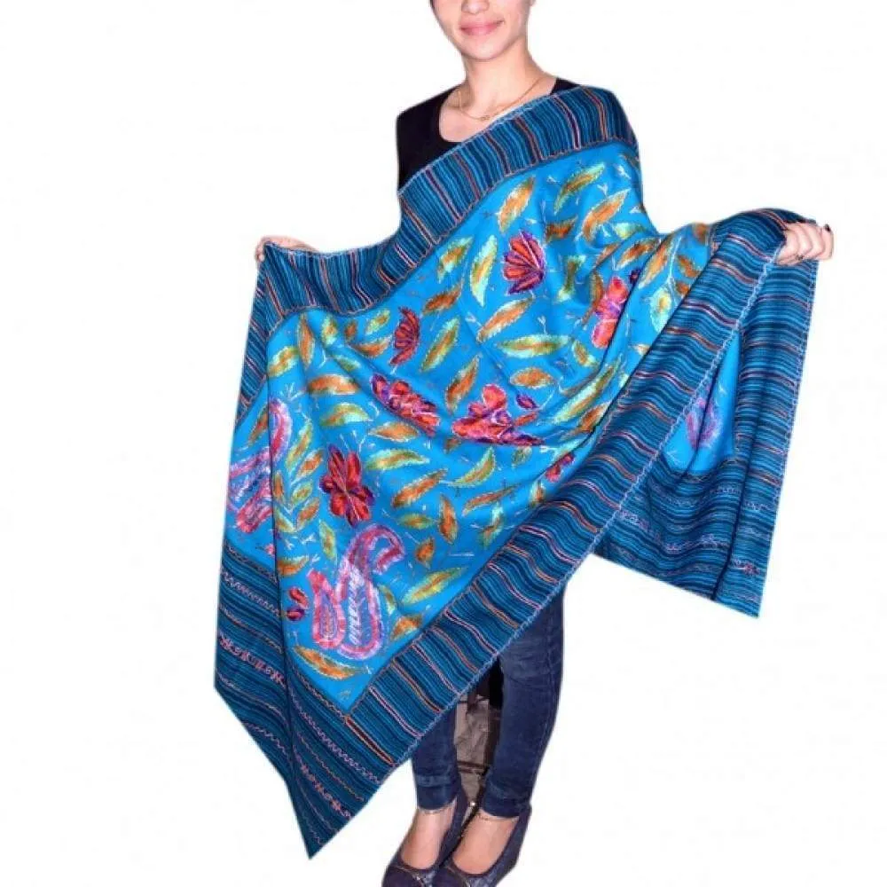 Firozi Blue Colour New Look With High Quality Pashmina Designer Aari Work Stole