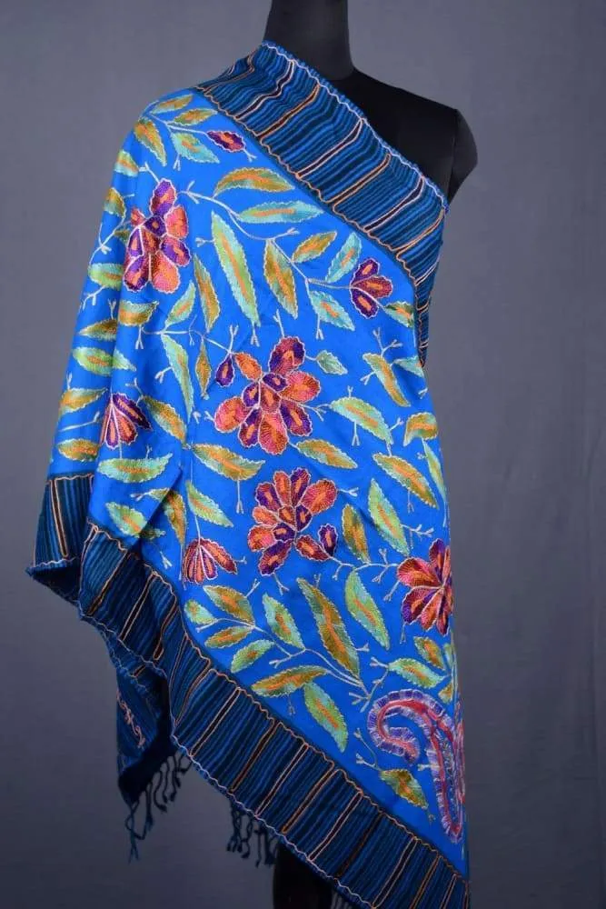 Firozi Blue Colour New Look With High Quality Pashmina Designer Aari Work Stole