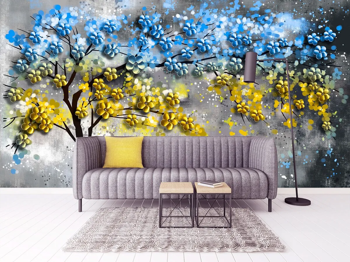 Floral wallpaper mural Blue and yellow wall art Tree wall decals & murals, Peel and stick, removable wallpaper for bedroom, living room