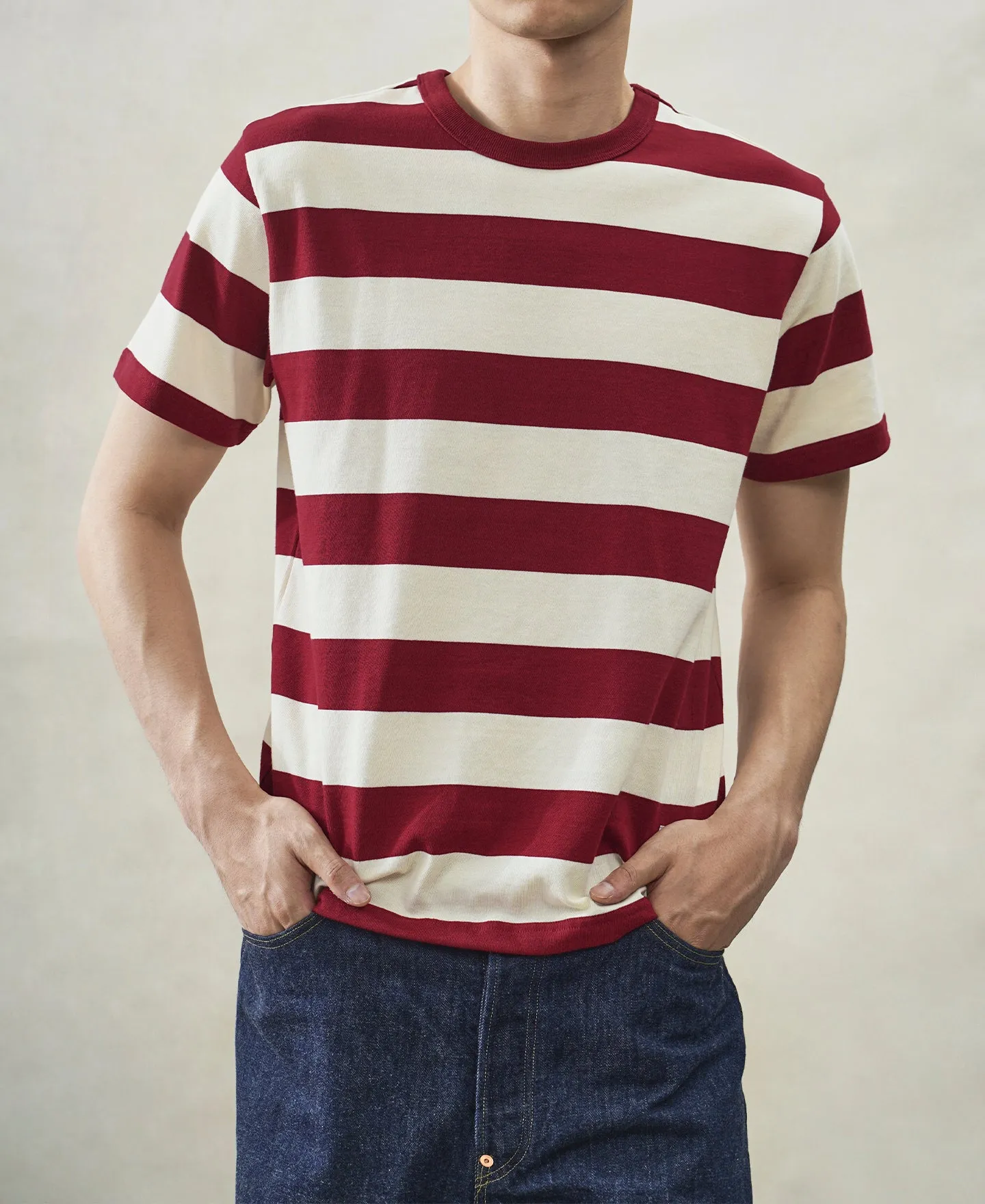 Heavyweight Cotton Wide Striped T-Shirt - Red/Apricot