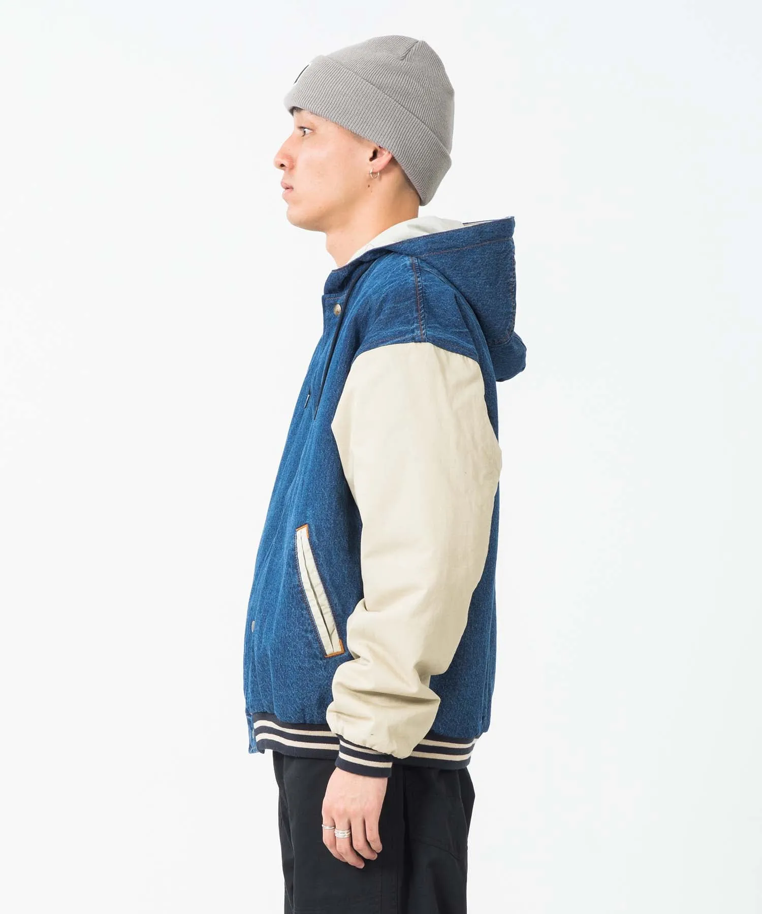 HOODED VARSITY DENIM JACKET