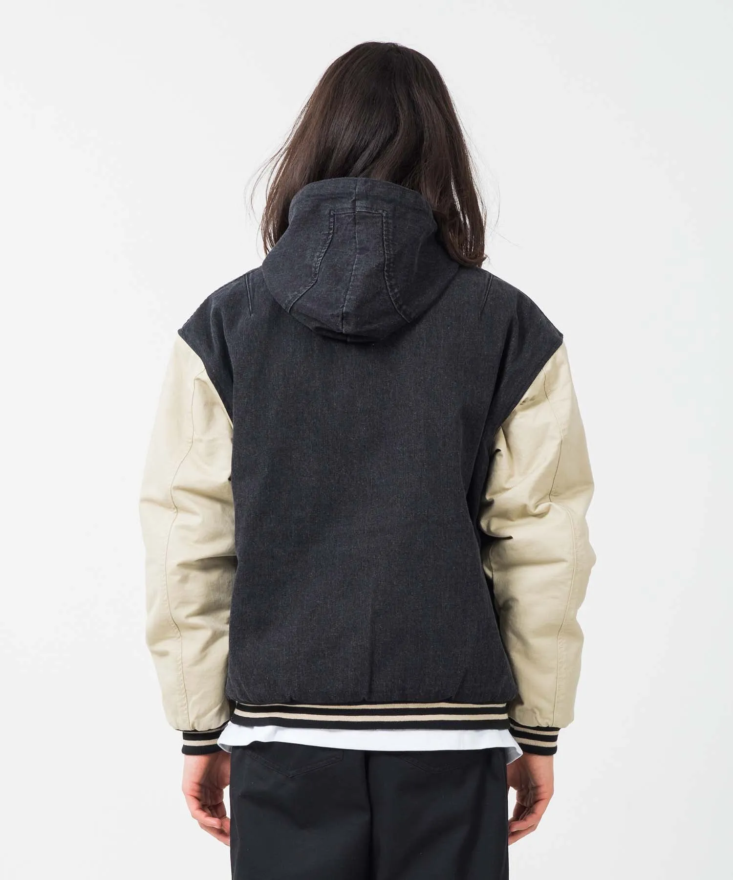 HOODED VARSITY DENIM JACKET