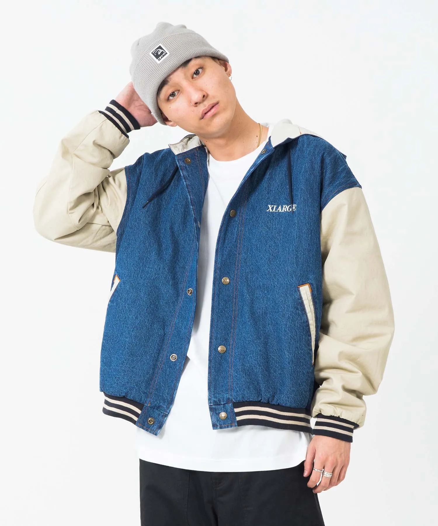 HOODED VARSITY DENIM JACKET