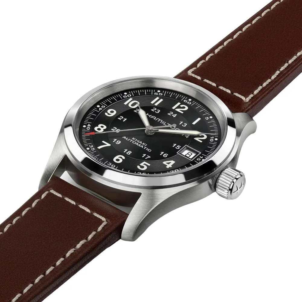 Khaki Field Auto Black Dial on Leather Strap, 38mm