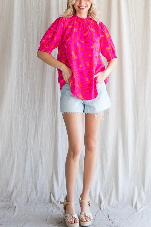 Leopard Print Smocked Neck Top- Hot Pink