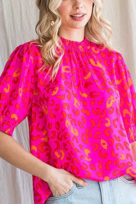 Leopard Print Smocked Neck Top- Hot Pink