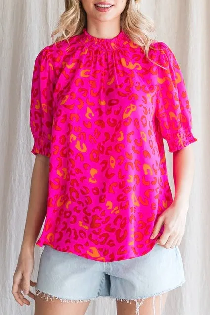 Leopard Print Smocked Neck Top- Hot Pink