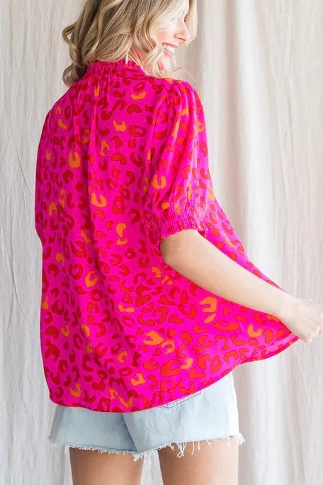 Leopard Print Smocked Neck Top- Hot Pink