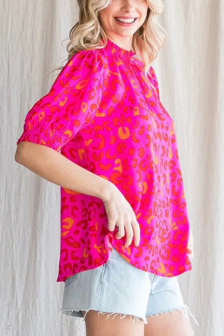 Leopard Print Smocked Neck Top- Hot Pink