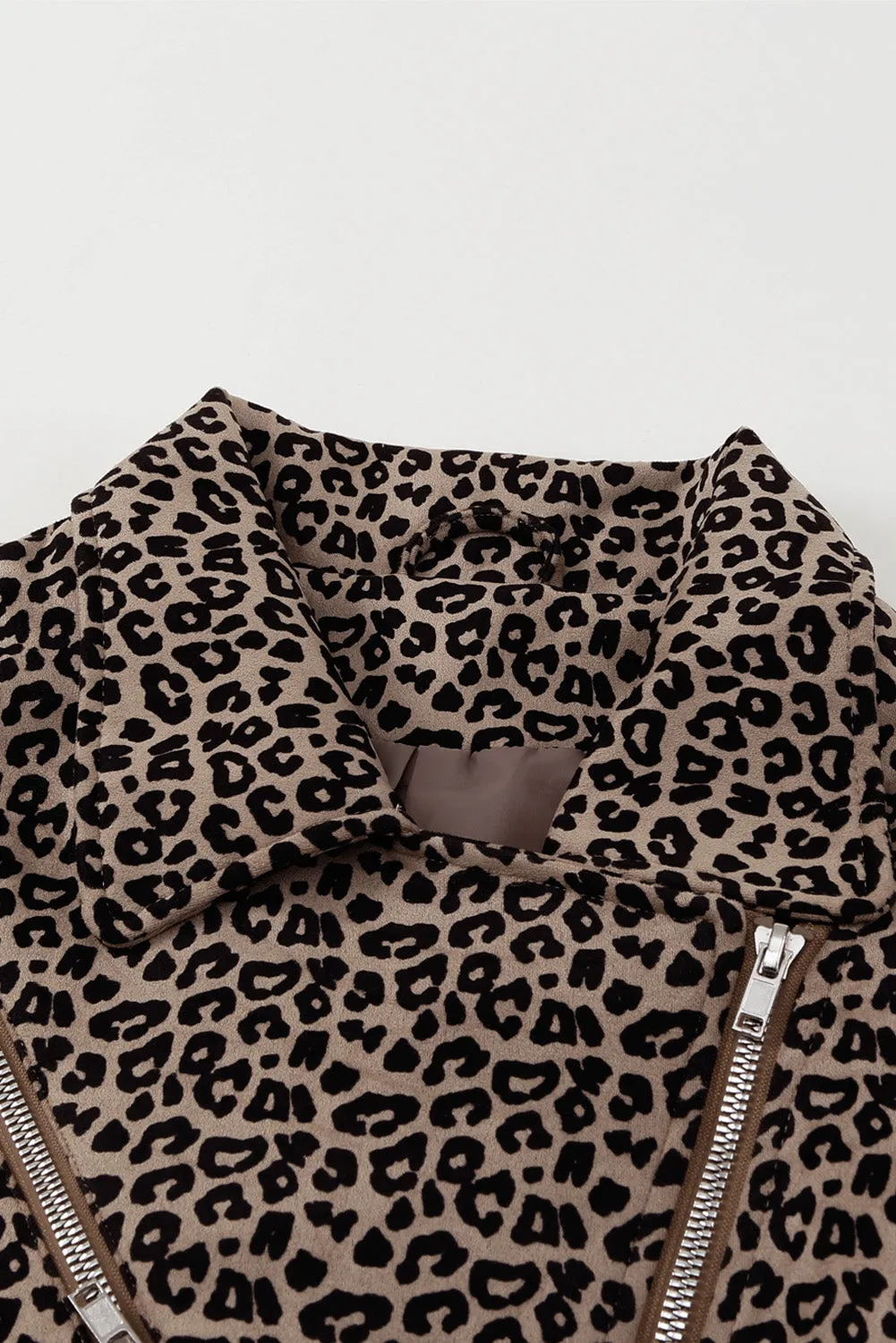 Leopard Zipped Notch Collar Short Jacket