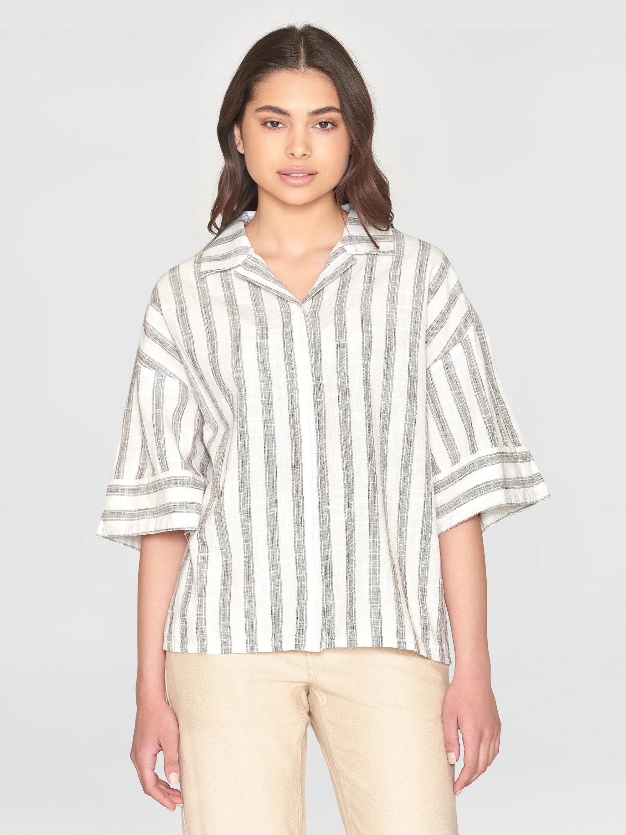 Loose multicolored stripe short sleeved shirt - - GOTS/Vegan - Brown stripe