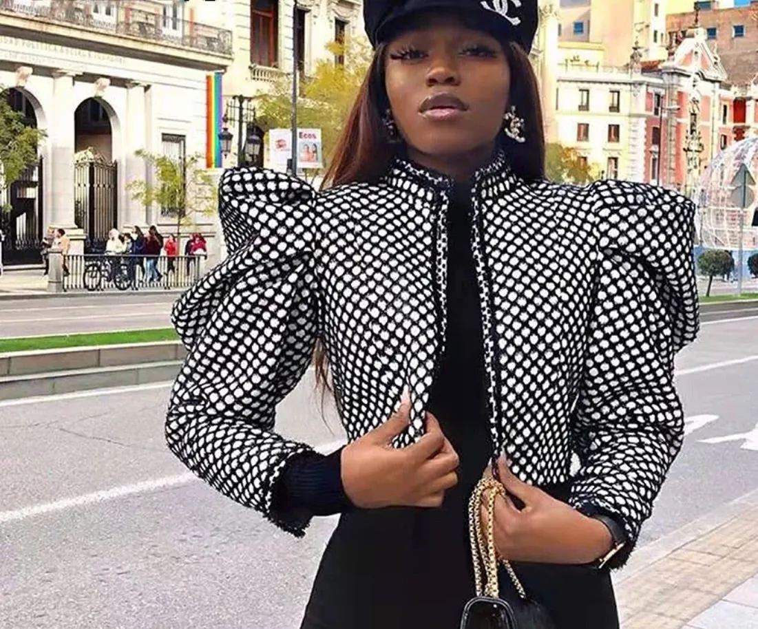 NINA BLACK & WHITE PUFF SLEEVE CROPPED JACKET