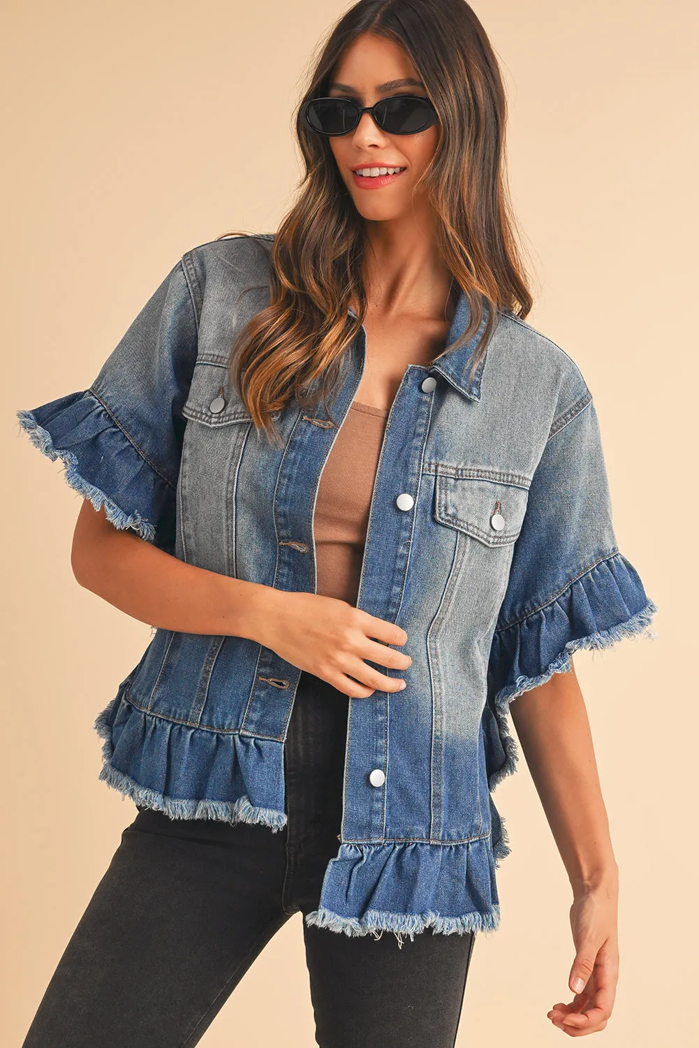 Peacock Blue Raw Edge Bell Short Sleeve Denim Jacket