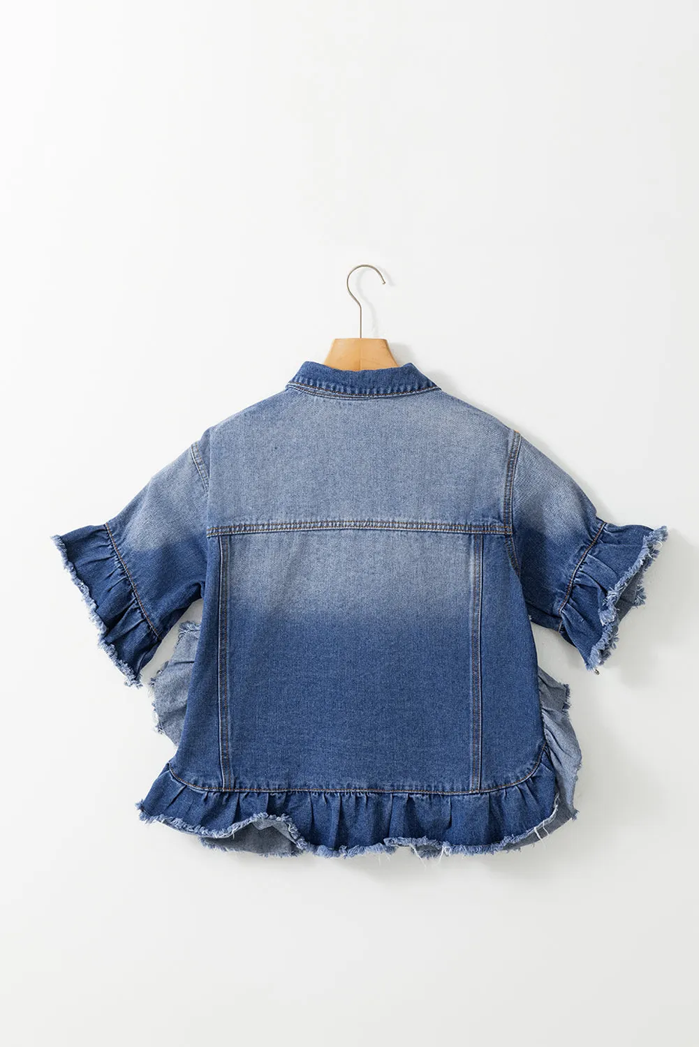 Peacock Blue Raw Edge Bell Short Sleeve Denim Jacket