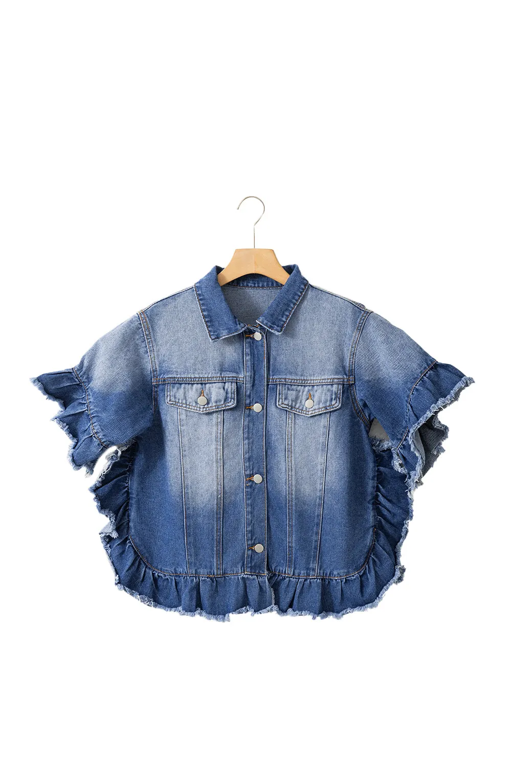 Peacock Blue Raw Edge Bell Short Sleeve Denim Jacket