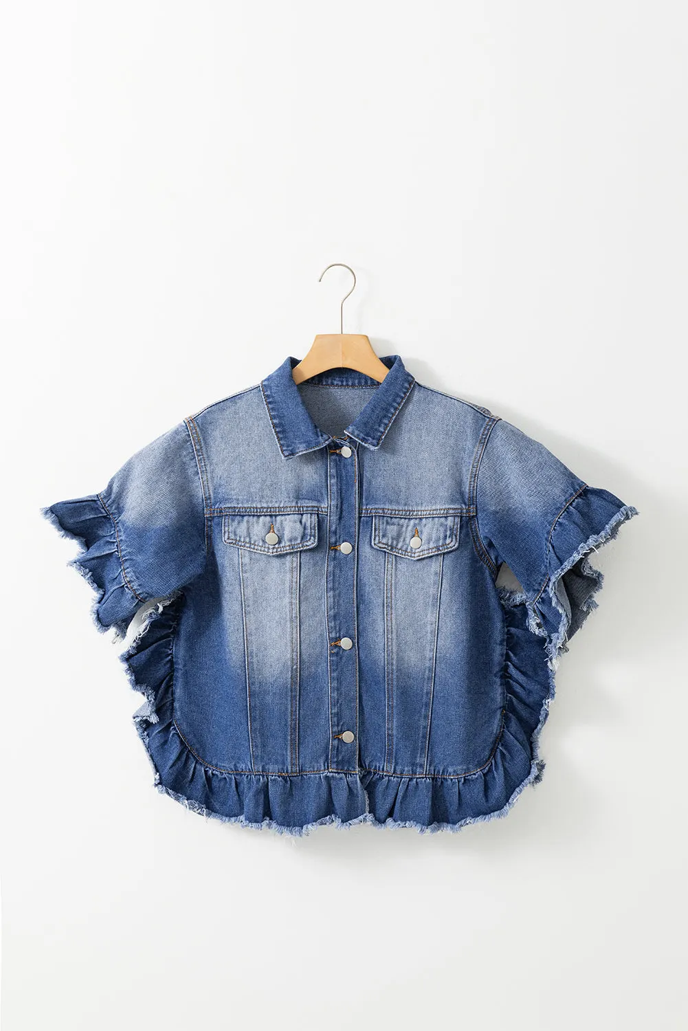 Peacock Blue Raw Edge Bell Short Sleeve Denim Jacket