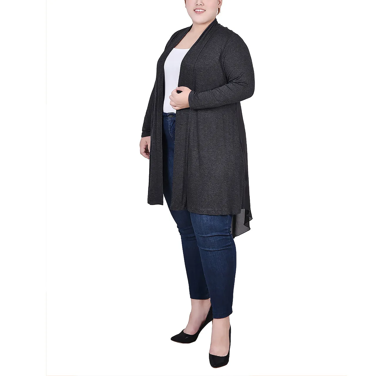 Plus Size Long Sleeve Knit Cardigan with Chiffon Back