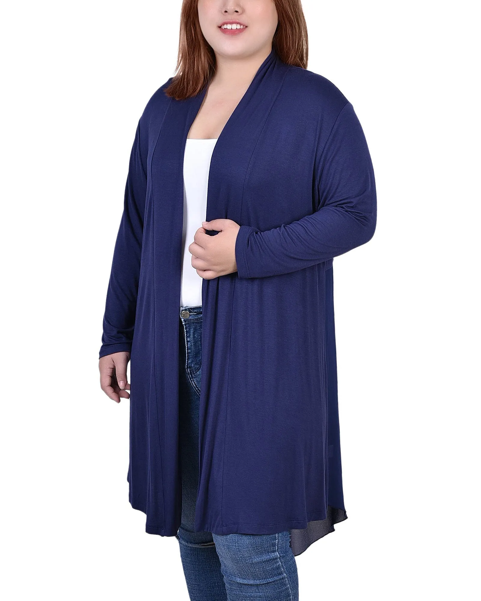 Plus Size Long Sleeve Knit Cardigan with Chiffon Back