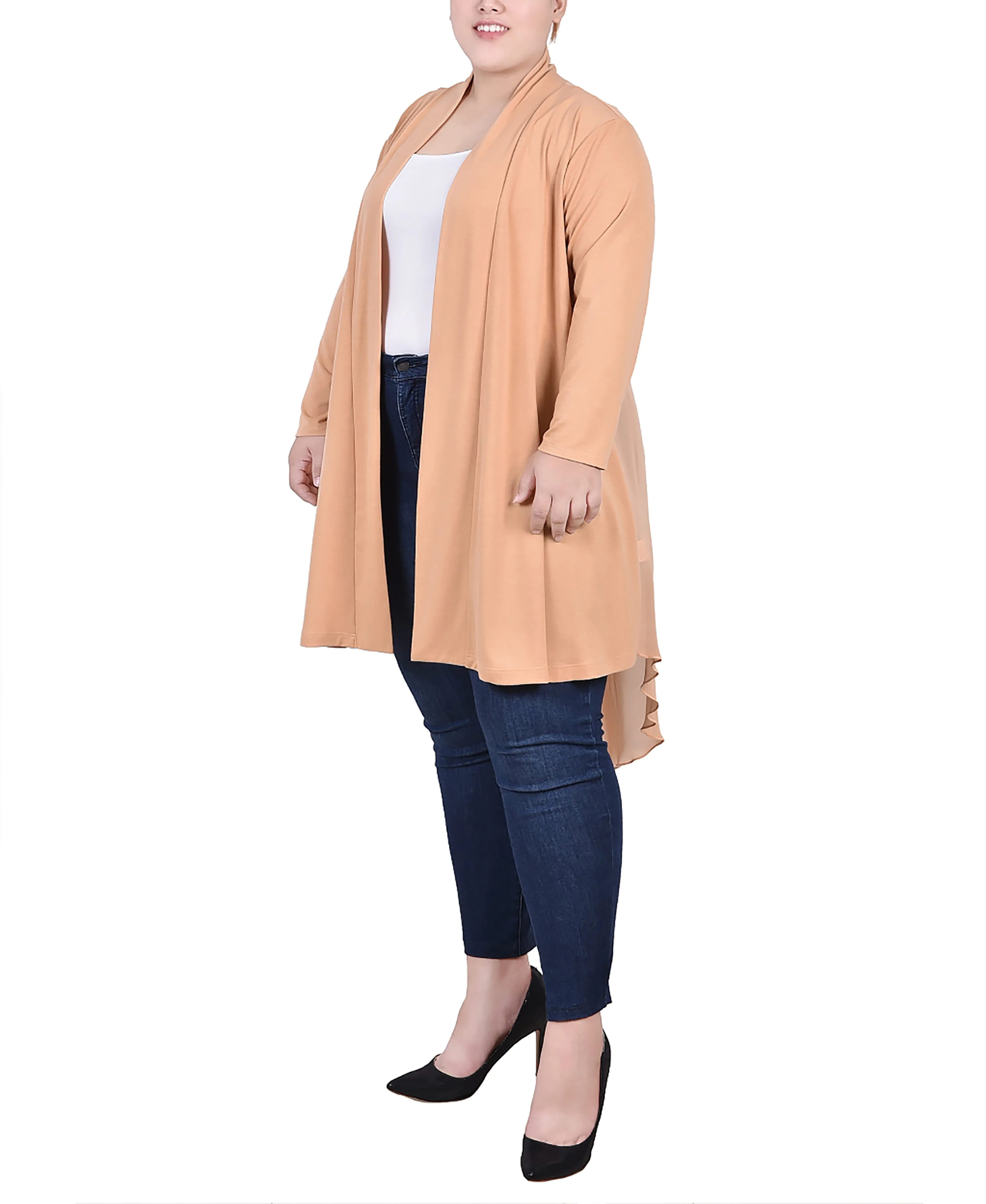 Plus Size Long Sleeve Knit Cardigan with Chiffon Back