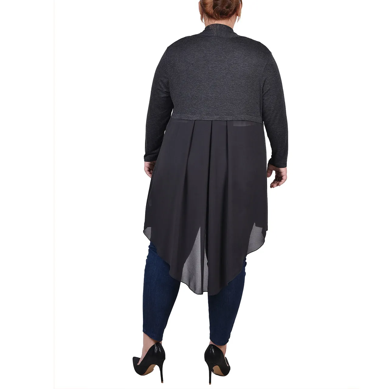 Plus Size Long Sleeve Knit Cardigan with Chiffon Back