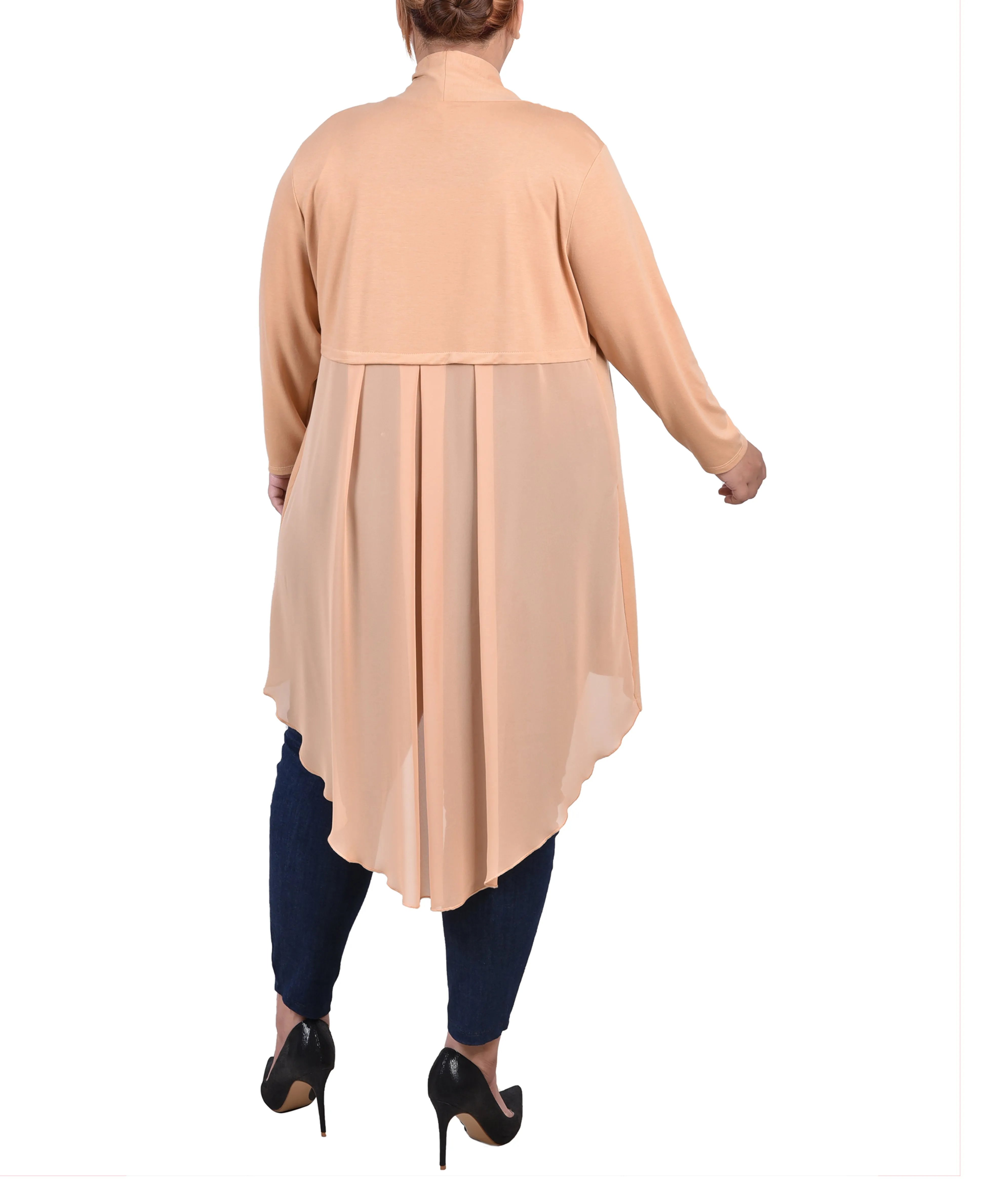 Plus Size Long Sleeve Knit Cardigan with Chiffon Back