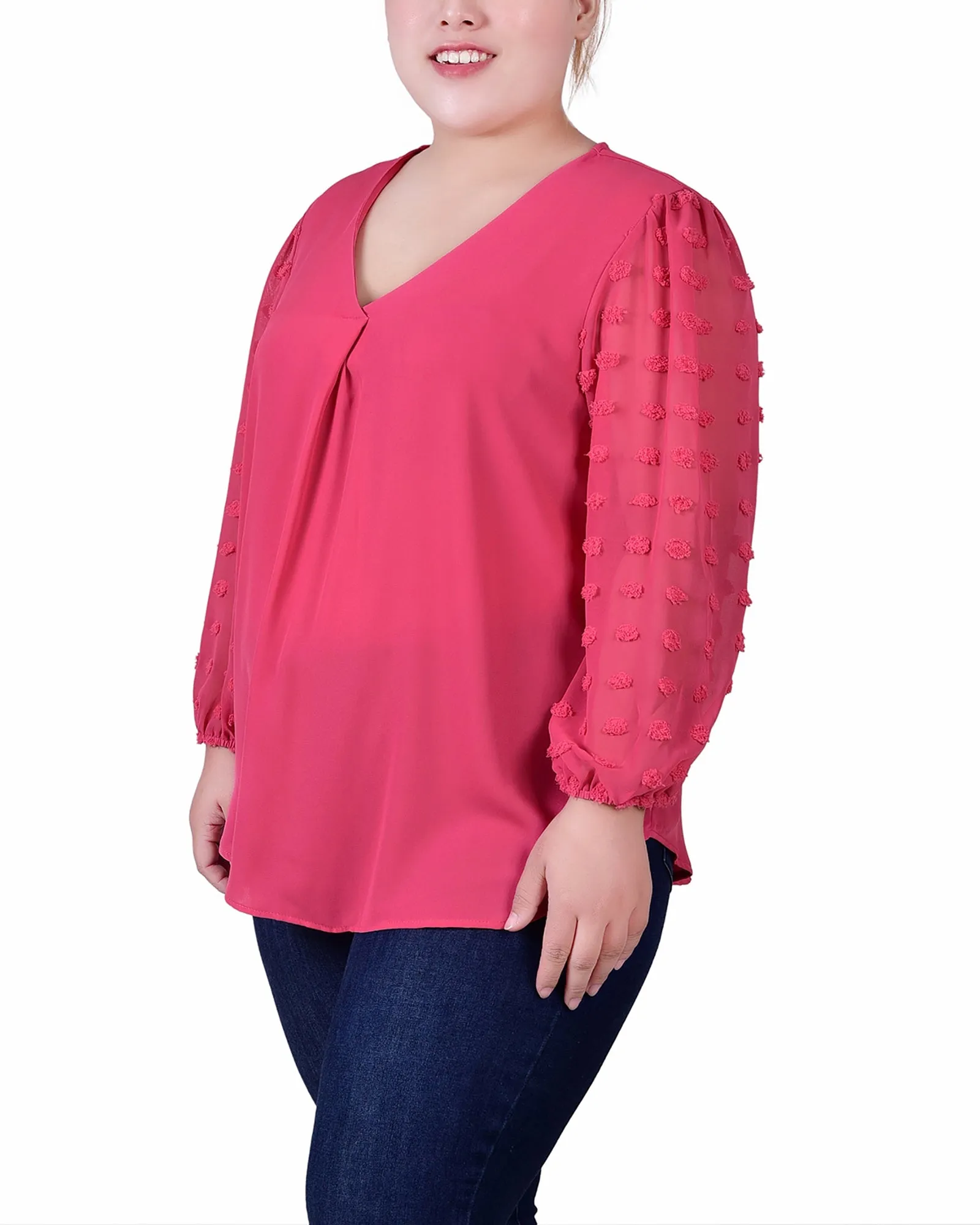 Plus Size V Neck Blouse With 3/4 Jacquard Chiffon Sleeves