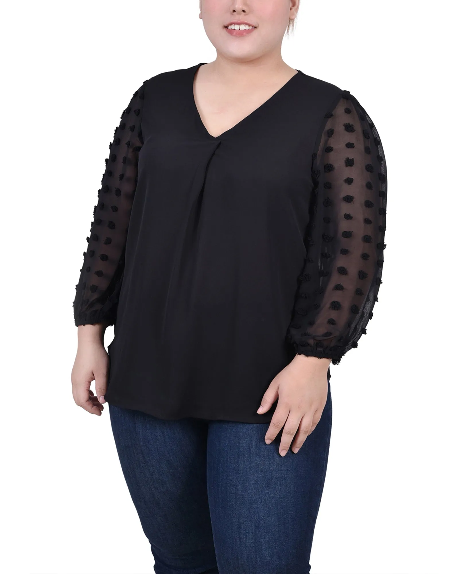 Plus Size V Neck Blouse With 3/4 Jacquard Chiffon Sleeves