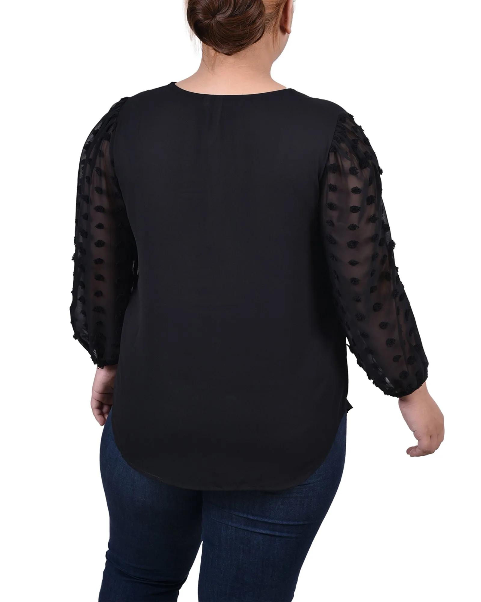 Plus Size V Neck Blouse With 3/4 Jacquard Chiffon Sleeves