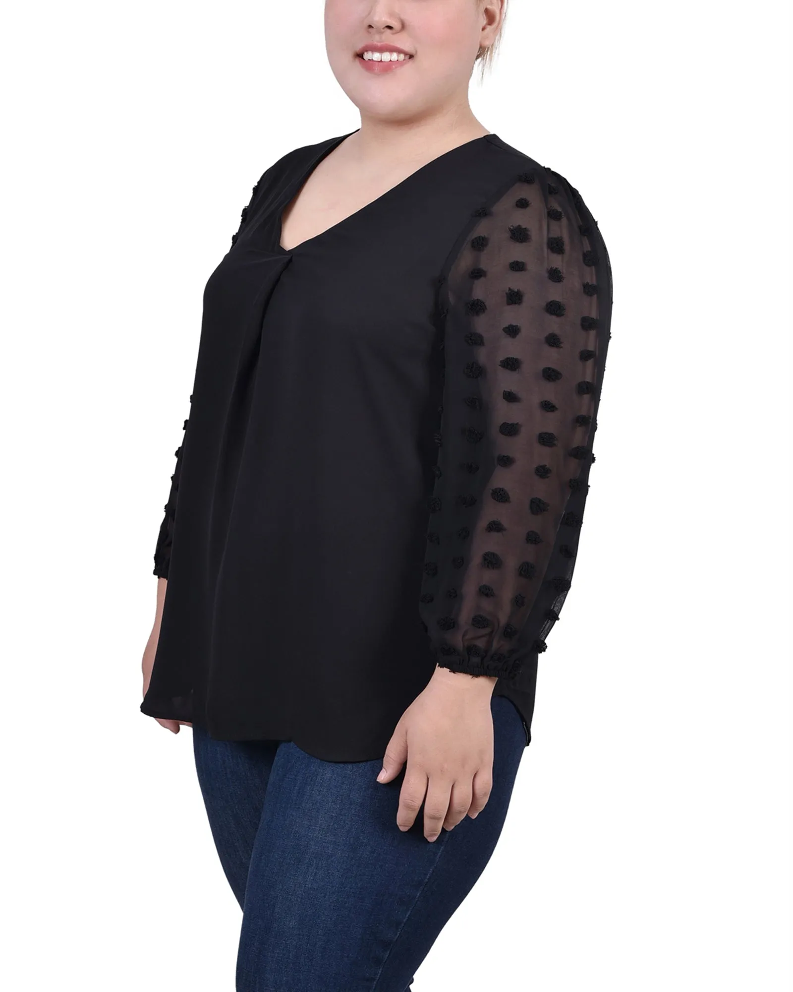 Plus Size V Neck Blouse With 3/4 Jacquard Chiffon Sleeves